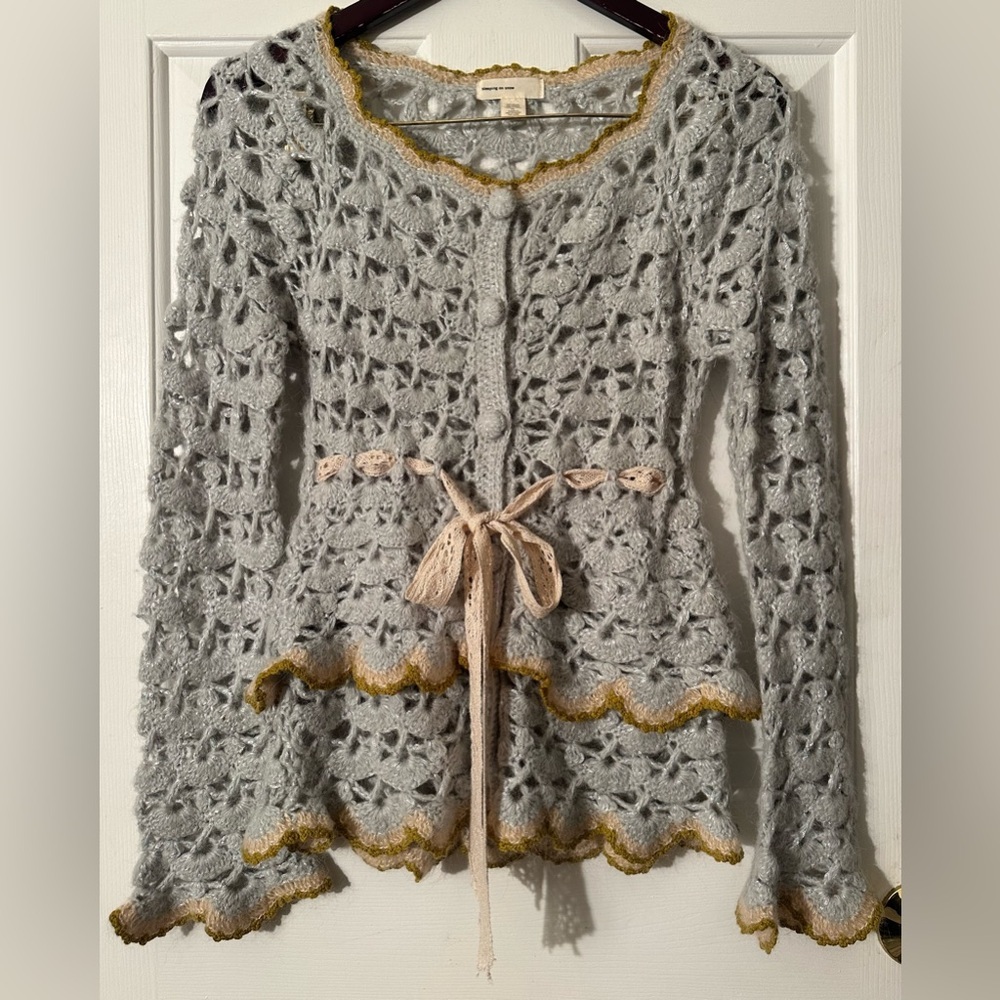SLEEPING ON SNOW XS Y2K Feminine Blue Alpaca Blend Crochet Cardigan Tie Belt
